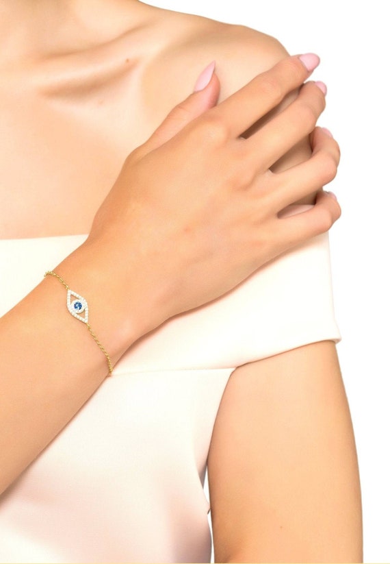 Bracciale Donna In Argento Sterling 925 Con Occhio Blu E Zirconia Cubica - Regolabile 17-21 Cm