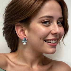 Iris Flower And Pearl Dangle Earrings Aqua Silver