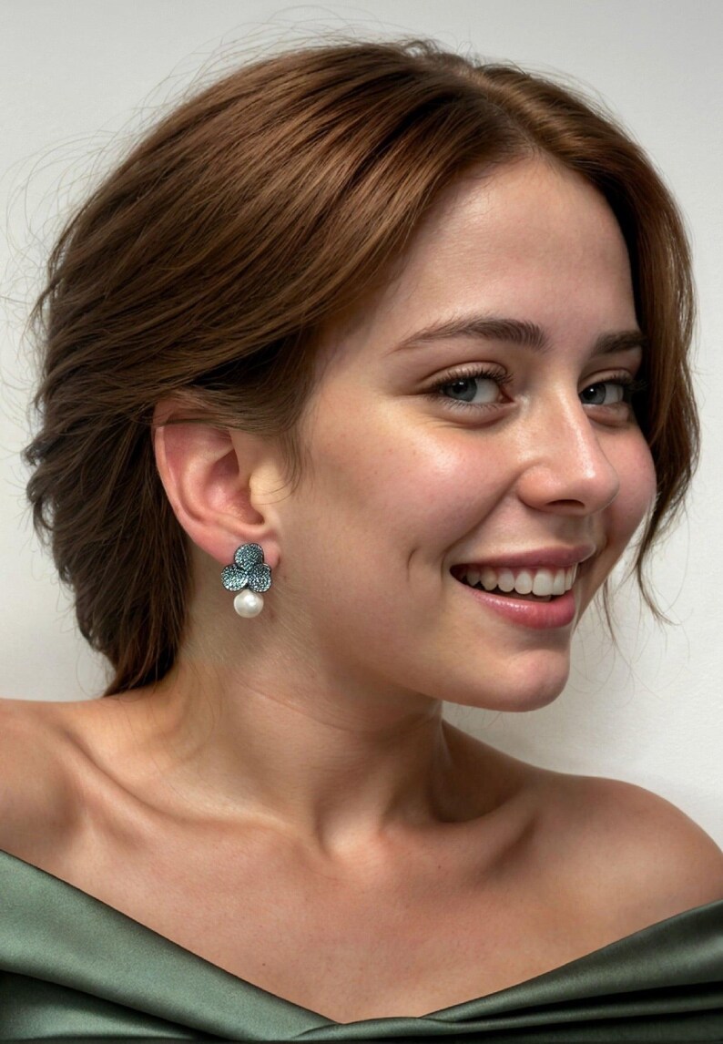 Iris Flower And Pearl Dangle Earrings Aqua Silver