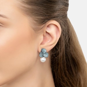 Iris Flower And Pearl Dangle Earrings Aqua Silver