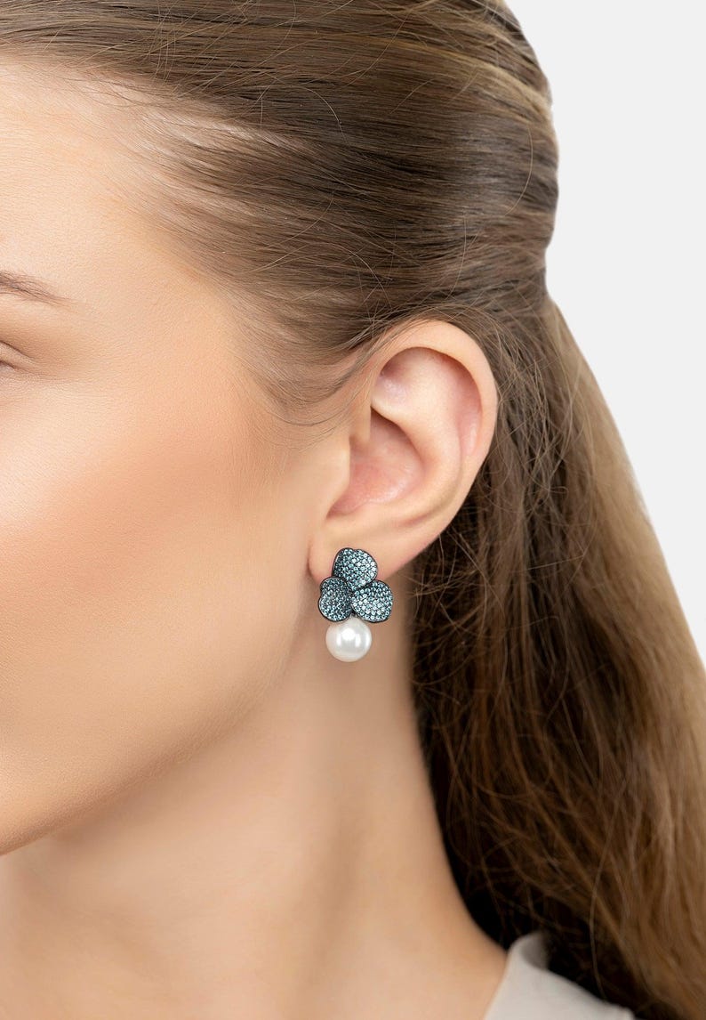 Iris Flower And Pearl Dangle Earrings Aqua Silver