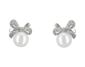 Latelita Ribbon Bow Perlen Ohrstecker in Silber - 925 Sterling Silber, Cubic Zirkonia, Majorica Perle