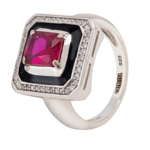 Deco Ruby & Enamel Ring Silver