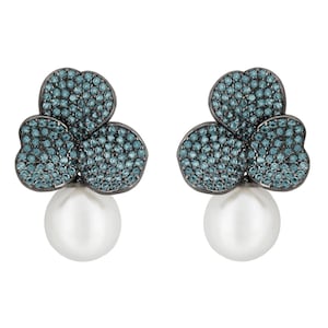 Iris Flower And Pearl Dangle Earrings Aqua Silver