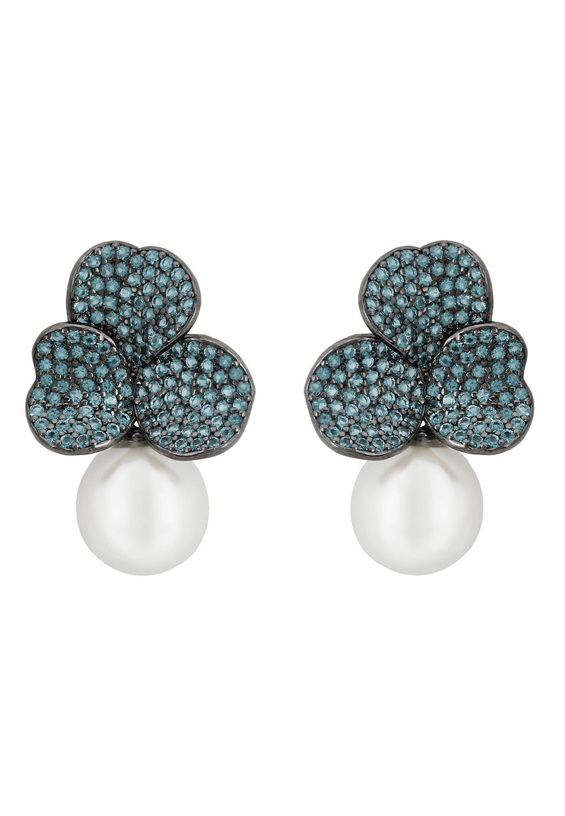 Iris Flower And Pearl Dangle Earrings Aqua Silver