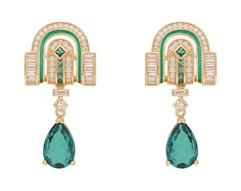 Savoy Art Deco Drop Earrings Emerald Gold