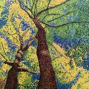 Blühende Eschen im Frühling - A4 Portraitdruck meines Original Kunstwerks auf stabiler Pappe. Impressionistischer Stil