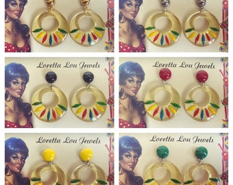 Vintage inspired transparent colorful earrings, 50s Bakelite style, carved type