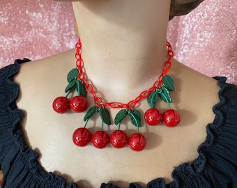Vintage inspired necklace 40s 50s bakelite style cherries