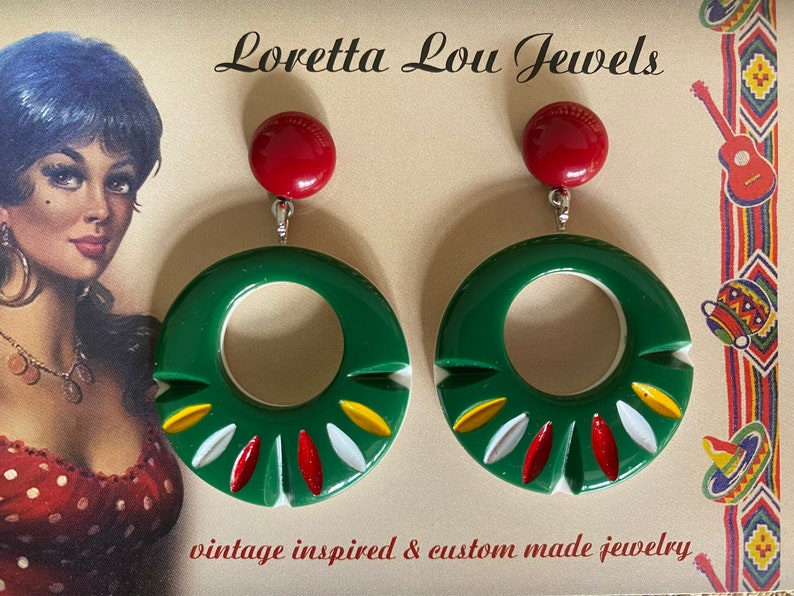 Vintage inspired green/colorful earrings, 50s Mexican style, Fakelite image 4