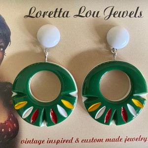 Vintage inspired green/colorful earrings, 50s Mexican style, Fakelite image 2