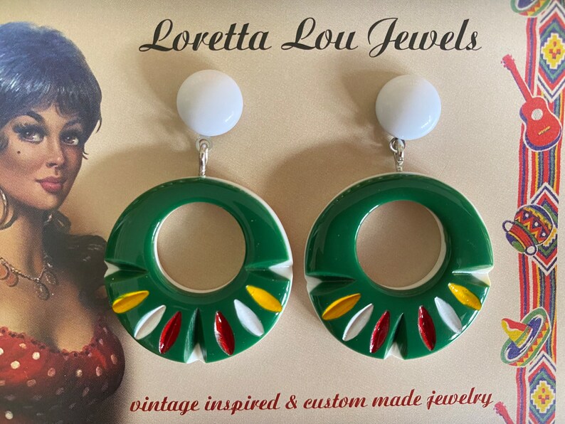 Vintage inspired green/colorful earrings, 50s Mexican style, Fakelite image 2