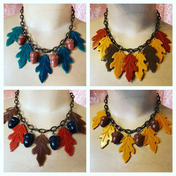 Vintage inspired 40s/50s, autumnal necklace acorns, leaves, Lucite/Bakelite style