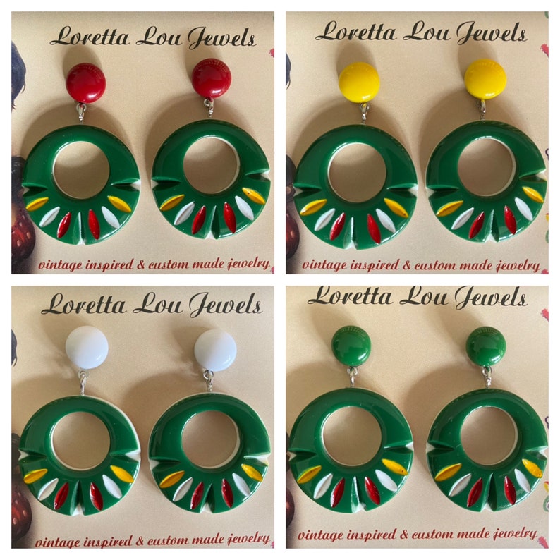 Vintage inspired green/colorful earrings, 50s Mexican style, Fakelite image 1