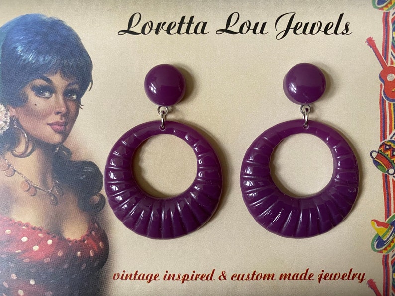 Vintage inspired earrings, 40s 50s Lucite Bakelite style, hoops image 3