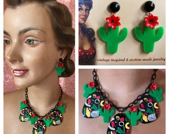 Vintage inspired necklace, earrings, Mexican colorful, bakelite style, cactus