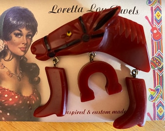 Vintage inspired horse brooch with pendants, 40s 50s style, Bakelite / Lucite style, dark red