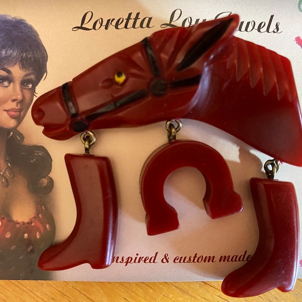 Vintage inspired horse brooch with pendants, 40s 50s style, Bakelite / Lucite style, dark red