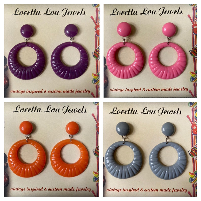 Vintage inspired earrings, 40s 50s Lucite Bakelite style, hoops image 1