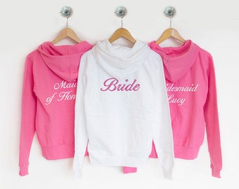 Personalised Bridal Party Hoodies, Bride Hoodie, Bridesmaid Hoodie, Bridesmaid pjs, Hen Party Hoodies, Zipped, Any Text