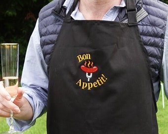 Embroidered BBQ Apron & Chef's Hat, Bon Appetit Apron, Outdoor Kitchen Apron, Cooking, Garden Party, Father's Day Gift, Birthday Gift