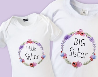 Big Sister Little Sister Matching Outfit - BABYGROW & T-SHIRT with Floral design SHORT sleeve