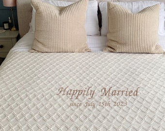 Happily Married Embroidered Beige Throw Blanket, Textured Blanket, Golden Anniversary, Happy Couple,Anniversary Gift, Large Scale Embroidery