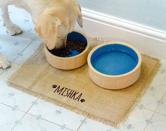 Personalised Dog Feeding Mat with EMBROIDERED name, Dog Placemat, Pet Placemat for Dog Food Bowl. Hessian Dog Mat Placemat