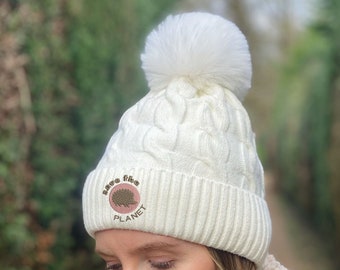 Embroidered Cable Knit Bobble Hat with Soft Fluffy Lining & Faux Fur Pom Pom, Cosy Beanie Hat, Save the Planet, Endangered Animals, Hedgehog