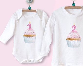 Geburtstag Baby Kleinkind Outfit 1. 2. 3. 4. 5. Geburtstag Langarm Top oder Babygrow mit bedrucktem CUPCAKE