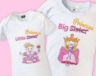 Big Sister Little Sister Matching Outfit - BABYGROW & T-SHIRT with Princess SHORT sleeve