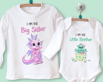 Big Sister Brother Little Sister Brother Matching Outfit - Babygrow & Top with Dragons LONG SLEEVE