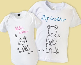 Big Sister Big Brother Little Sister Little Brother Matching Outfit - BABYGROW & T-SHIRT with Honey Bear Design