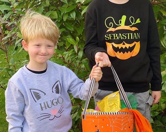 Personalised Halloween Pumpkin, Cat Sweatshirt, Children's Sweater, Trick or Treat, Halloween Jumper, Autumn Gift, Kid's Name Sweatshirt