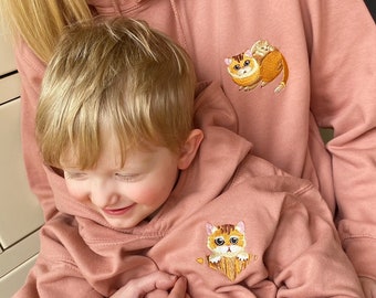 Passende bestickte Katze Hoodies für Erwachsene und Kinder für Mutter / Vater & Tochter / Sohn, passendes Geschenk-Set, Muttertag, Vatertag, Elterngeschenk