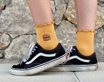 Embroidered Happy Meal Mustard Yellow Frill Ankle Socks, Trendy, Cute Socks, Burger & Fries, Fast Food, Gift for Her, Stocking Filler