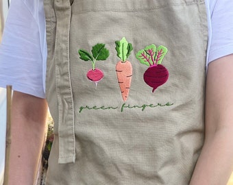 Green Fingers Root Vegetable Embroidered Gardening Apron, Garden Lover, Greenhouse, Personalised Gardener Gift, Root Vegetable Design,Unisex