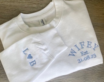 Embroidered Wifey Sweatshirt, Engagement, Wedding Gift, Hen Party, Honeymoon Sweater, Wedding Date, Just Married, Cuff Initials Embroidery