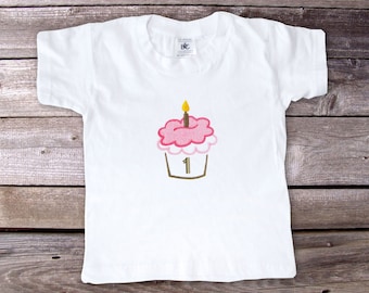 EMBROIDERED 1st First Birthday Outfit, Gift, T-Shirt, One Year Old, One Baby T-shirt, CUPCAKE 1, 2, 3, 4, 5, 6 SHORT sleeve