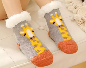 Kinder-Slipper-Socken, kuschelig, mit Fleece gefüttert, Kinder-Hausschuhe, rutschfest, Tier, Weihnachtsmann, Herz-Motiv, Socken, Babysocken, Pyjama, Nachtwäsche