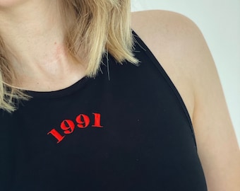 Birth Year Embroidered Racerback Vest Top, Sleeveless Top For Her, Birthday Gift, Vintage Style, Personalised Year Tee, Women's Fashion