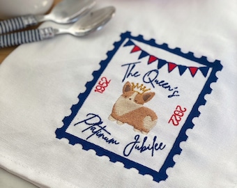 Platinum Jubilee Embroidered Tea Towel, Queen Elizabeth, Corgi, Commemorative Cotton Tea Towel, Jubilee Party Kitchen Towel, Dish Towel