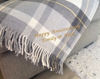 Light Grey & Yellow Tartan Cotton Throw Blanket, Personalised Camping Blanket, Cosy Picnic Blanket, Outdoor, Newlyweds Gift Anniversary Gift