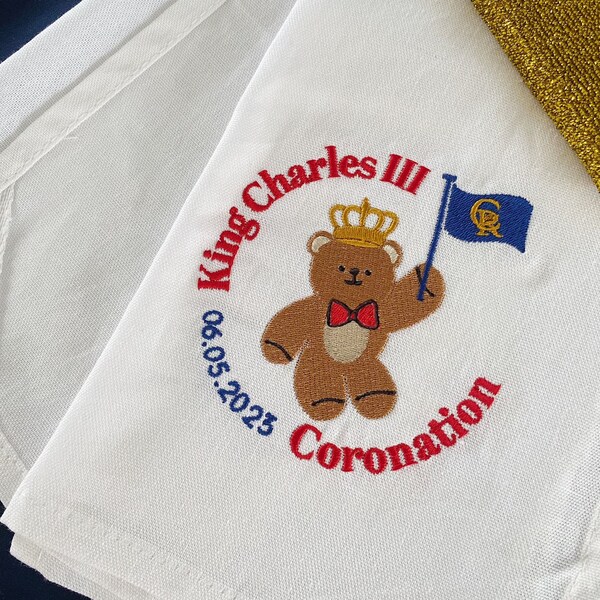 King Charles III Coronation Embroidered Tea Towel, British Teddy Bear, Commemorative Cotton Tea Towel, Coronation Party Kitchen, Dish Towel