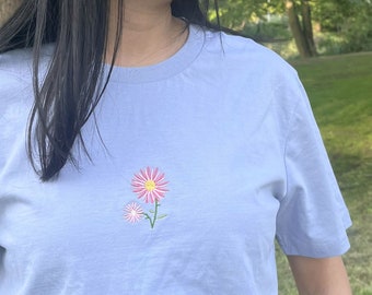Floral Embroidered Organic T-shirt, Summer Fashion, Organic Cotton Tee, Birthday Gift For Her, Flower, Lily, Orchid, Poppy Daisy Women's Top
