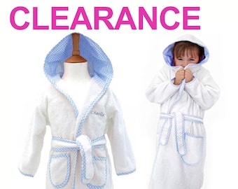 Personalised Children's Towelling Dressing Gown with Hood, White & Blue, Girls, Boys Bathrobe, Gingham Check Trim, Kids Pyjamas, Nightwear