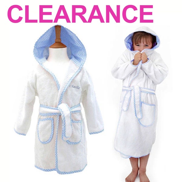 Personalised Children's Towelling Dressing Gown with Hood, White & Blue, Girls, Boys Bathrobe, Gingham Check Trim, Kids Pyjamas, Nightwear