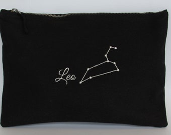 LEO Constellation Embroidered Black or Pink Bag with Metallic Zodiac Star Sign, Secret Santa Christmas Gift, Astrology