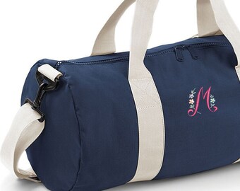 Personalised Embroidered Floral Initial holdall weekend bag, overnight hospital bag, uni, gym duffel