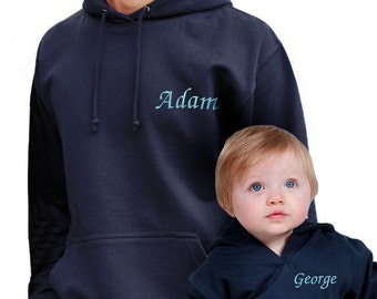 Personalised Adult and Baby Navy Hoodies for Father and Son, Matching Gift Set